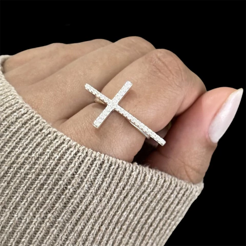 Anel cruz pedras - Prata Legítima