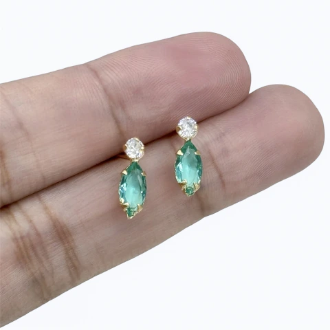 Brinco pedra navete e redonda 11.9 mm. Prata com Ouro - Verde claro
