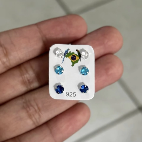 Trio de brincos azuis e cristal - Prata Legítima