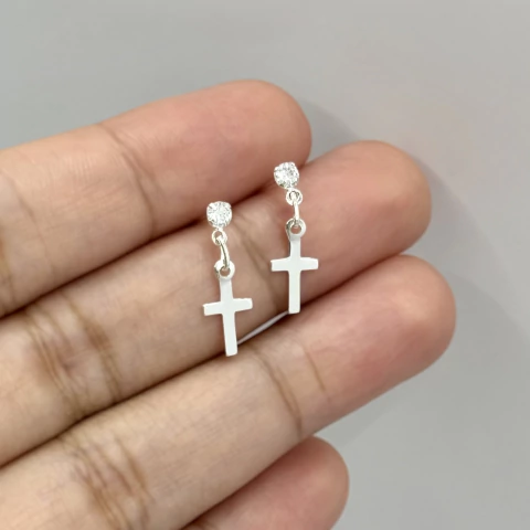 Brinco pedra e cruz pendurado 18.1 mm. Prata Legítima