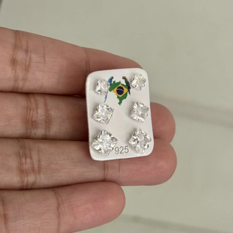 Trio brincos quadrado 4, 5.1 e 6 mm. Prata Legítima