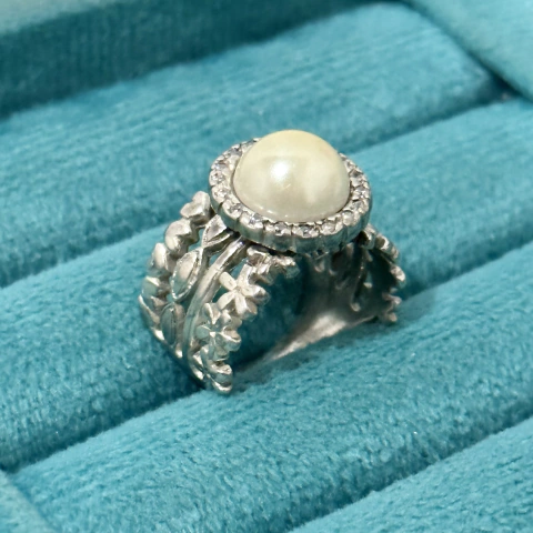 Anel envelhecido pérola sintética - Prata Legítima