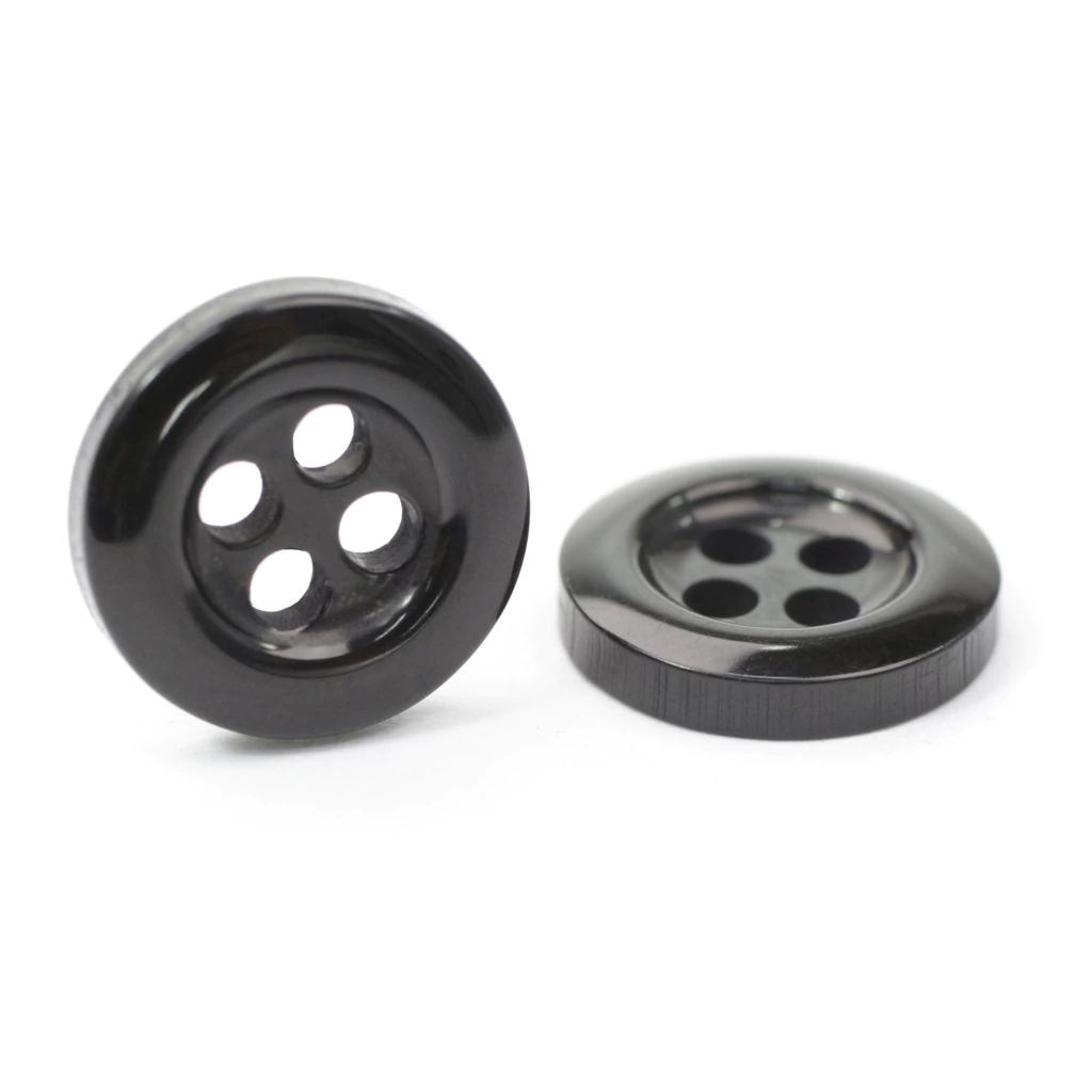 Botões de casear pretos Corozita 09 mm com quatro furos, tamanho 14, embalagem com 144 unidades.