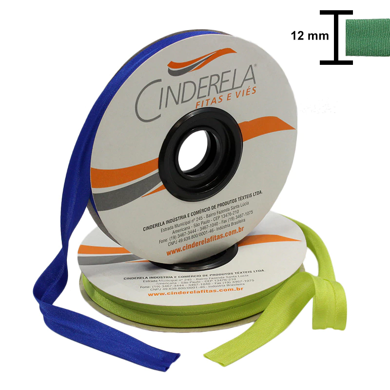 Bobinas de viés de cetim 12 mm Cinderela liso nas cores azul e verde, cada uma com 20 metros.