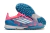 Chuteira Futsal Adidas F50 PRO TF em azul e rosa, com design moderno e sola projetada para gramado sintético.