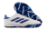 Chuteira adidas Society Copa Pure.3 TF, branca com detalhes azuis e vermelhos, vista lateral e sola azul com padrão colorido.