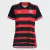 Camisa feminina do Flamengo com listras vermelhas e pretas, modelo da coleção 24/25 da Adidas.