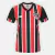 Camisa feminina do São Paulo, com listras verticais em preto, vermelho e branco, confeccionada pela New Balance.