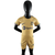 Camisa e short infantil do Barcelona Away 2022/2023, cor dourada, com logo do clube e detalhes em azul e preto.