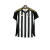 Camisa feminina do Atlético Mineiro, com listras verticais em preto e branco e detalhes em amarelo.