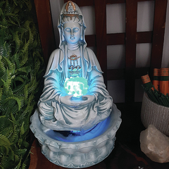 Fonte De Água Kuan Yin Com Flor De Lótus Led 01039