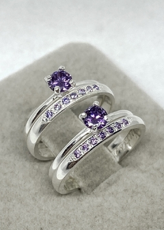 Aliança de Namoro em Prata 2mm Belize Ametista Twins + Anéis de Brinde