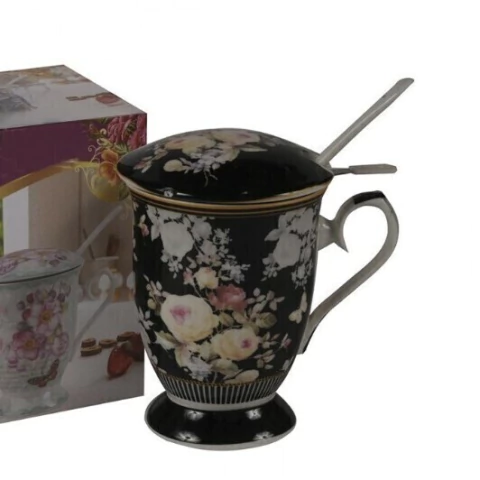 Taza con Tapa, Filtro y Cuchara de Porcelana (Negra)
