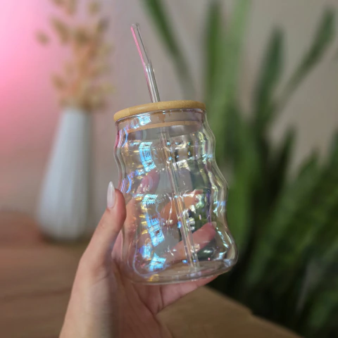 Vaso Glow Wave con sorbete y tapa de bambu - comprar online