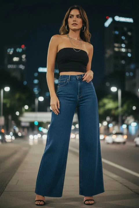 Calça Wide Leg Jeans Feminina c/ Elastano Barra a Fio - 013.42.0109