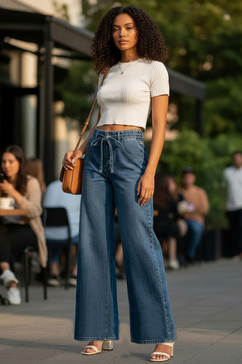 C.WIDE LEG JEANS FEMININO, COM CINTO, MUR