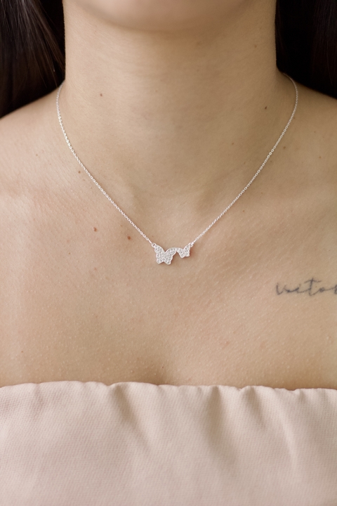 Colar Borboleta Duplo Cravejado Prata 925