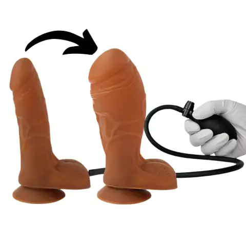 Pênis de Silicone Inflável Realístico Gigante na cor marrom inflado e desinflado