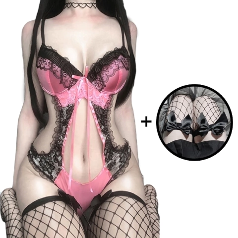 Body Erótico Sexy Renda Floral Rosa Fio Dental