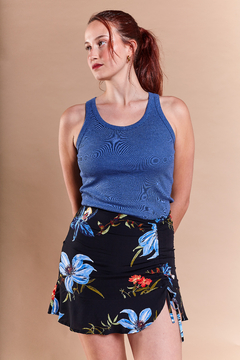 Pollera Frunce Corta Flores Negra