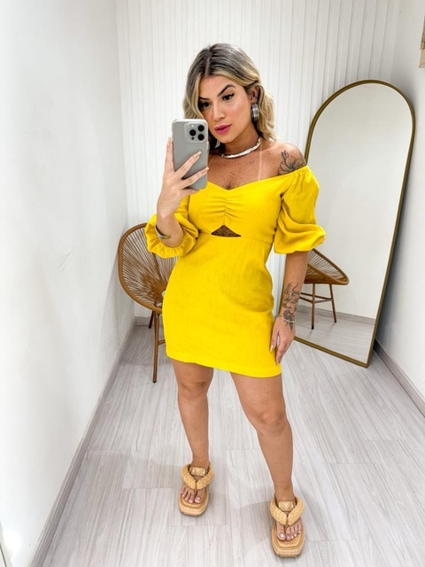 VESTIDO CURTO MANGA BRASILIAN PLAIN Amarelo REF:004671