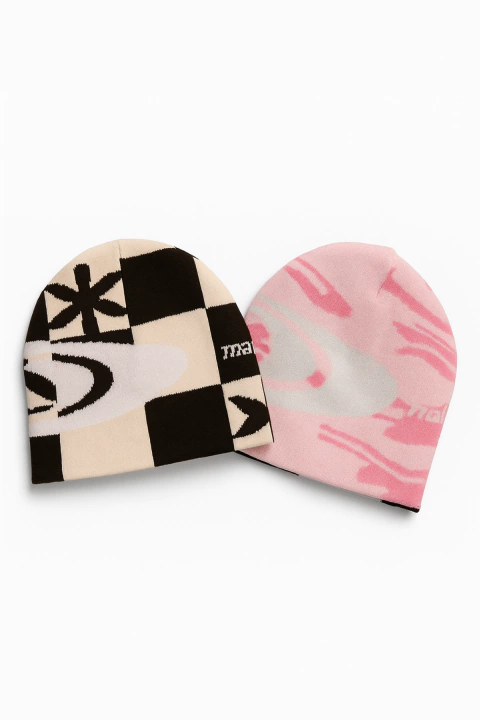 Beanie "Double Face" Rosa / Cuadrille Cremita y Marron - comprar online
