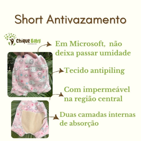 Short antivazamentos uso noturno para fraldas ecológicas ou descartáveis.