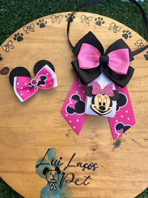 Conjunto Minnie Rosa c/ 3 kits (3 Gargantilhas +3 Laços)