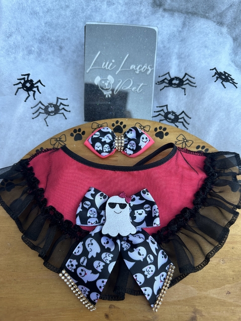 Conjunto Tecido Hallowen Fantasminha c/ 2 kits (2 Babadores +2 Laços)