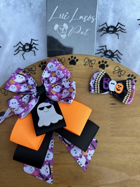 Conjunto Cetim Fantasminha Boo c/ 3 kits (3 Gargantilhas +3 Laços)