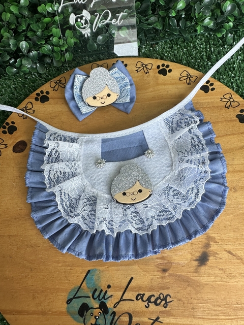 Conjunto tecido vovozinha c/ 3 kits (3 babadores + 3 laços)