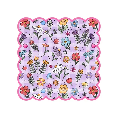 Plato bandeja Wildflower con diseño de flores silvestres coloridas sobre fondo lila con borde ondulado rosa