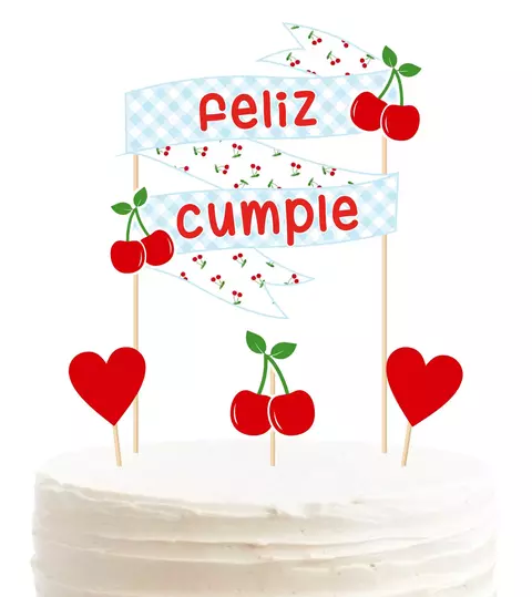 Adorno de pastel con la inscripción "Feliz cumple", cerezas y corazones rojos, ideal para celebraciones de cumpleaños.