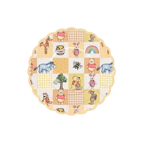 Plato desechable redondo decorado con personajes de Winnie the Pooh y motivos coloridos