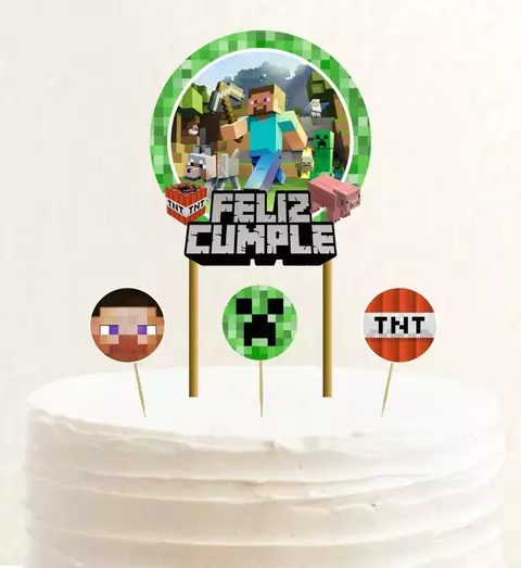 Topper de cumpleaños de Minecraft con personajes y elementos del juego, incluyendo "Feliz Cumple" en el centro.