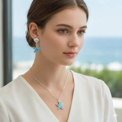 Conjunto Colar e Brinco Estrela do Mar Azul Banhado à Prata - Bem Menina Joias