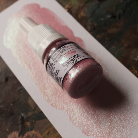 Rudá - aquarela fluida na cor rosa pastel metalizada com brilho verde