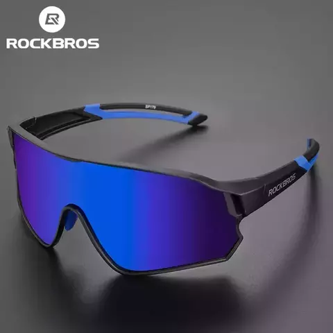 Óculos de ciclismo polarizado espelhado com lente azul e armação preta e azul, ideal para proteção contra raios solares durante atividades ao ar livre.