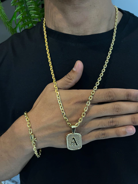 Kit Corrente + Pulseira+ Pingente Cadeado 5 mm 1 Ano de Garantia