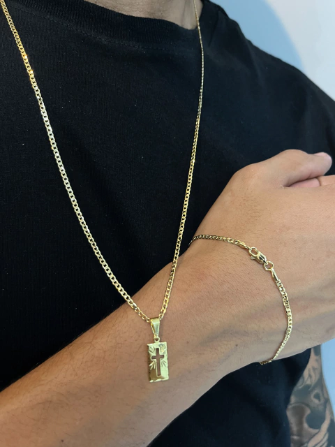 Kit Corrente+ Pulseira Grumet 2 mm Com Pingente Placa Crucifixo pp 1 Ano De Garantia