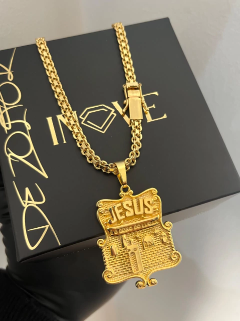 Corrente Cadeado Duplo 5mm + Pingente Jesus é o Dono Do Lugar Detalhado Aprox 45gr Acabamento inove18k