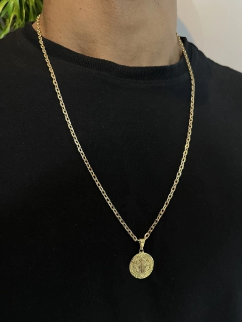 Corrente Cadeado 4mm + Pingente São Bento Dupla Face P Aprox 22gr Acabamento inove18k