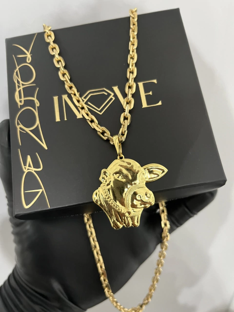 Corrente Cadeado 5mm + Pingente Nelore Aprox 39gr Acabamento inove18k