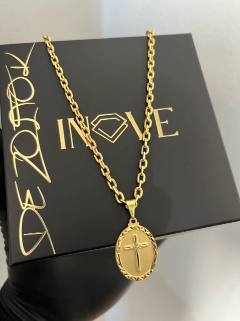 Corrente Cadeado 4mm +Cruz Redondo P Diamantado Aprox 22gr Acabamento inove18k