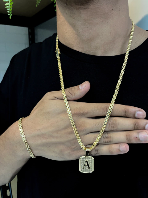 Kit Corrente+ Pulseira Cadeado Duplo 5mm Pingente Letra( Todas Letras disponivel)