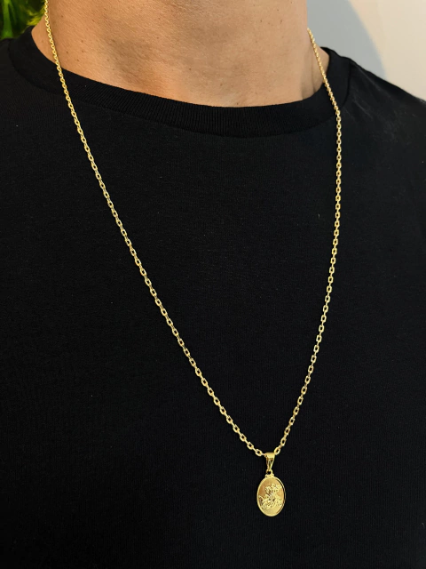 Corrente Cadeado 2mm + Pingente São Jorge Redondo pp Aprox 8gr Acabamento inove18k