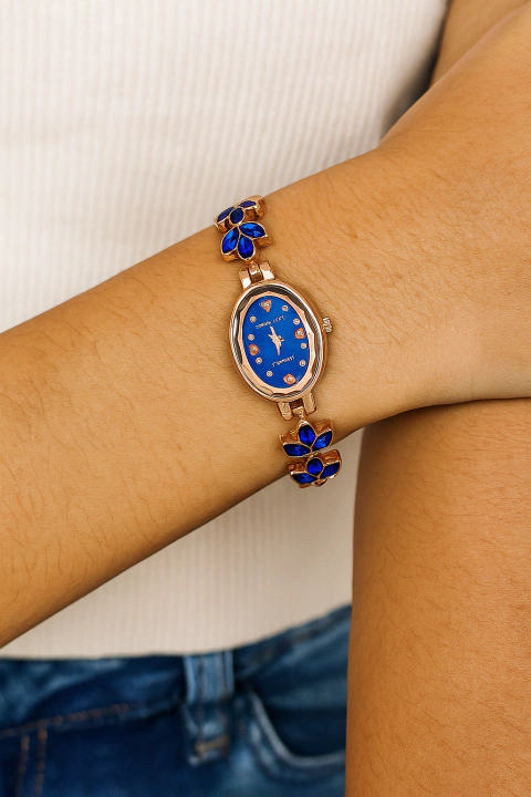 Relógio luxo Rosé com azul folhas - comprar online