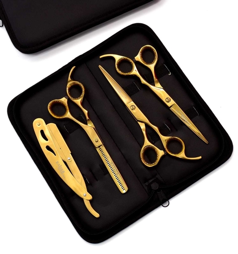 Kit Dourado 3 Tesouras + Navalhete + Estojo Profissional Qualidade Superior