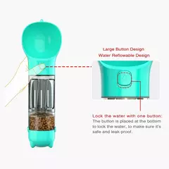 Garrafa portátil para cães, com design em azul, possui um botão grande e compartimento para ração e água.
