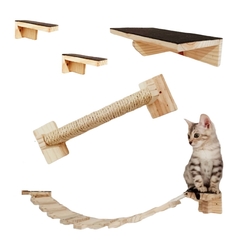 Playground para gatos ECO ARRANHADOR com 5 peças, incluindo arranhador de sisal e prateleiras de madeira.